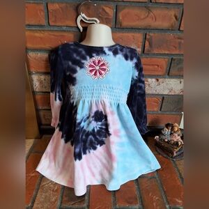 Flapdoodles Tie-Dye Dress with Pink Floral Embroidery